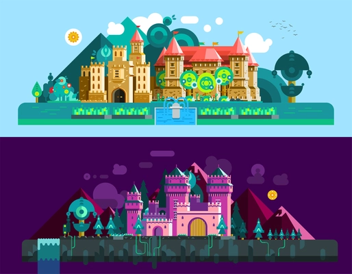 Castles horizontal banners with colorful antique palace and mansion in day and night time isolated vector illustration