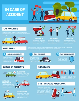 Road accidents infographic set with first aid and causes symbols flat vector illustration