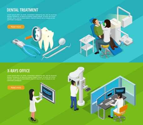 Dental isometric horizontal banners with doctors patients instruments and medical cure of teeth vector illustration