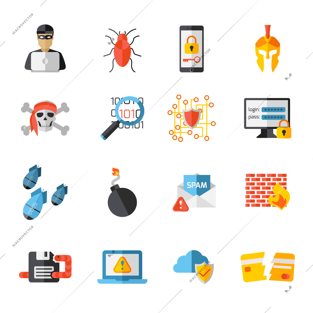 Set of sixteen flat isolated hackers decorative icons and pictograms with virus infection protection and maintenance vector illustration