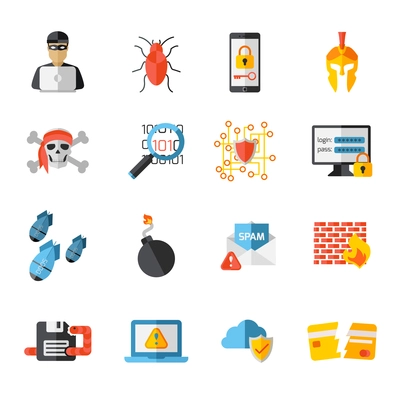 Set of sixteen flat isolated hackers decorative icons and pictograms with virus infection protection and maintenance vector illustration