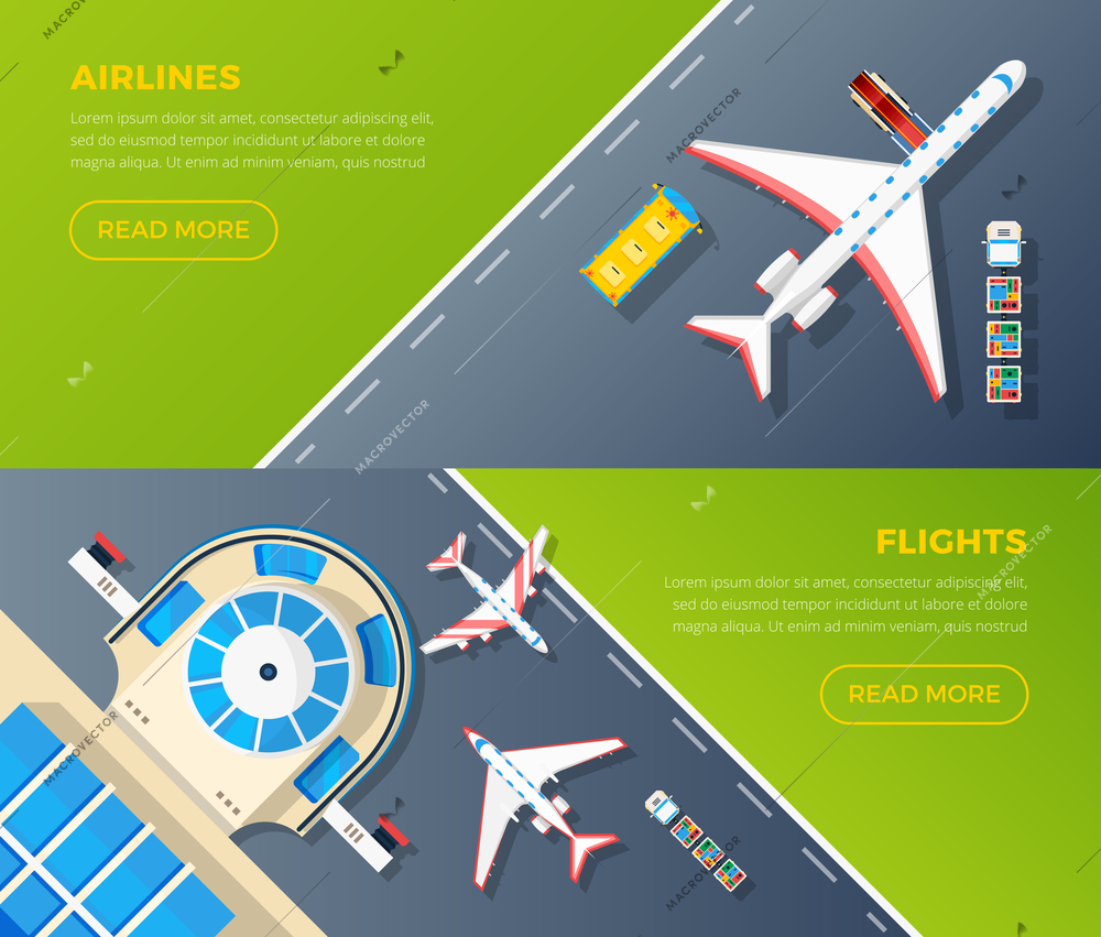 Airport 2 top view banners set design for airlines internet webpage with flights information isolated vector illustration
