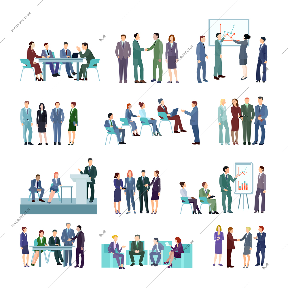 Flat meeting conference groups set of business people discussing strategies of company development isolated vector illustration