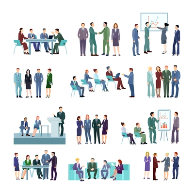 Flat meeting conference groups set of business people discussing strategies of company development isolated vector illustration
