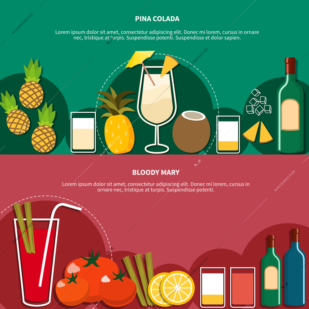 Cocktail horizontal banners with colorful icons of drinks and their ingredients in flat style vector illustration