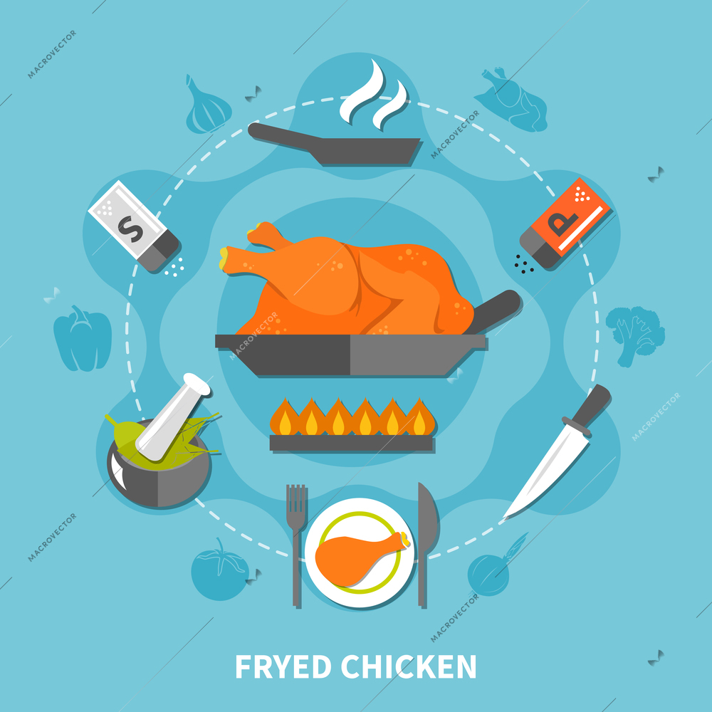 Cooking flat template with fried chicken salt pepper pan knife plate on blue background isolated vector illustration