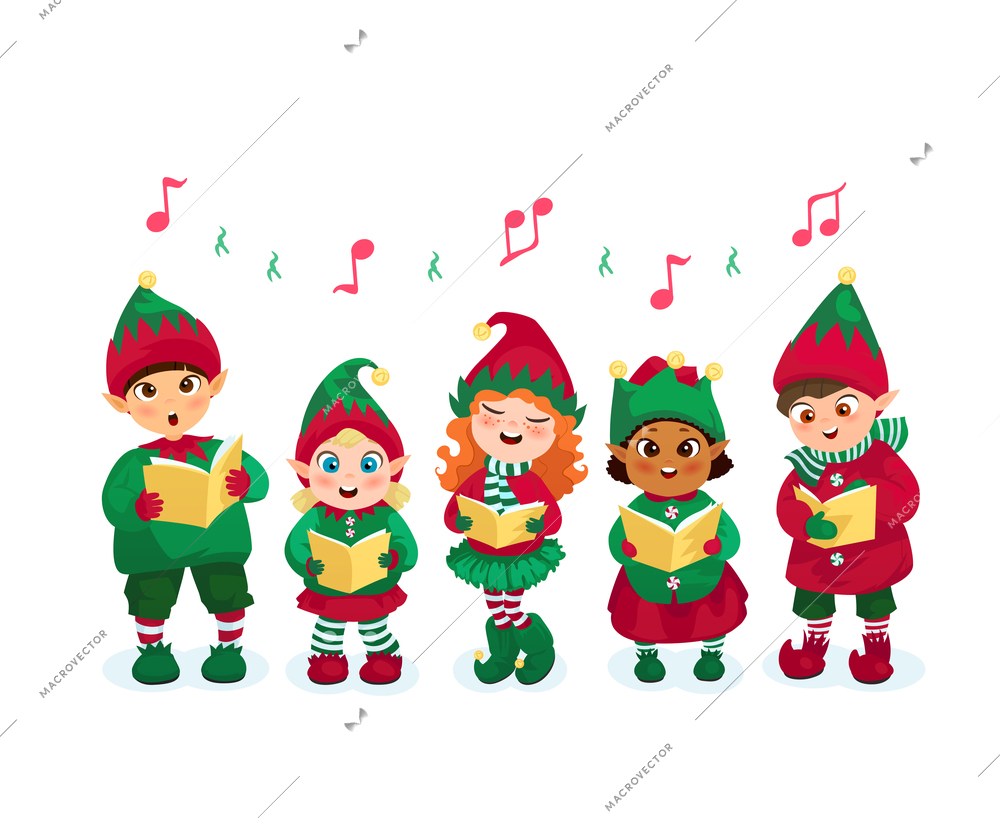 Kids in elfes costumes going Christmas caroling flat vector illustration