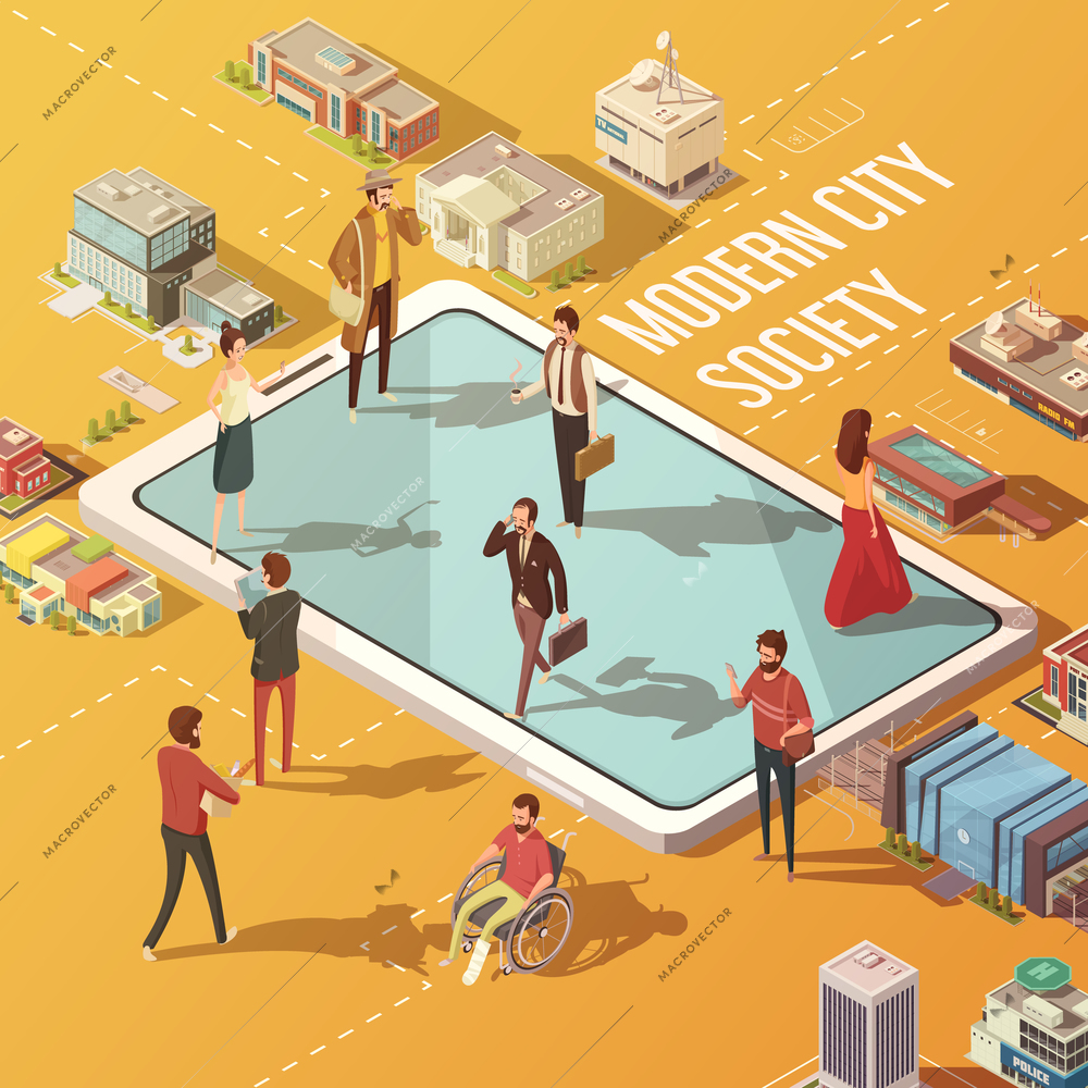 Modern city society concept with people communicating via internet isometric vector illustration