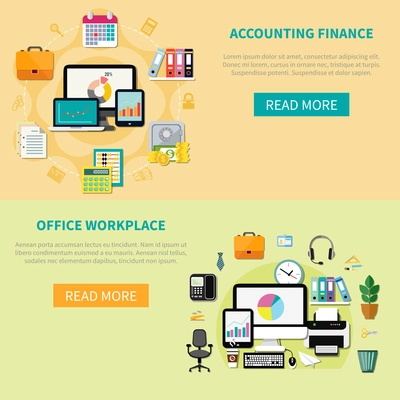 Two horizontal banners with accounting finance and office workplace design compositions with elements of office interior flat vector illustration