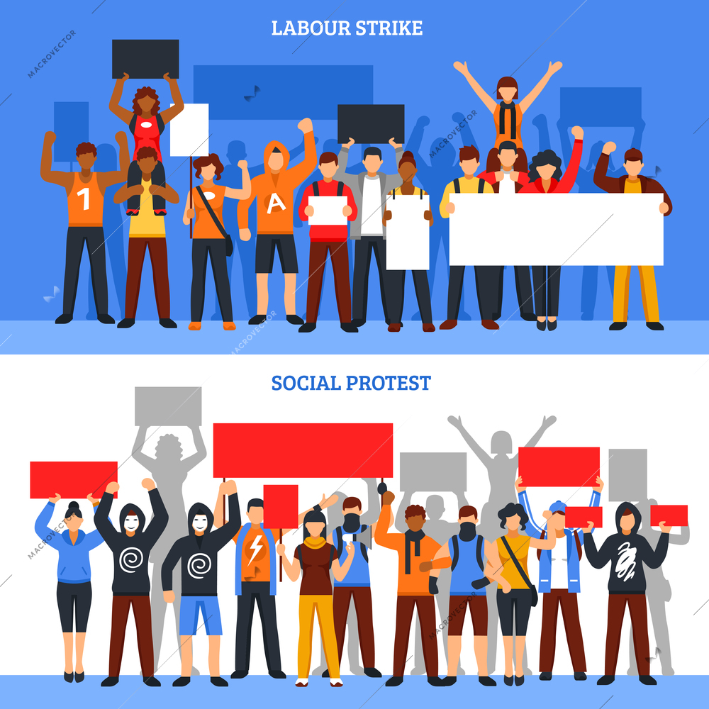 Set of two horizontal protesting crowd banners with young rioters holding empty placards of different size vector illustration
