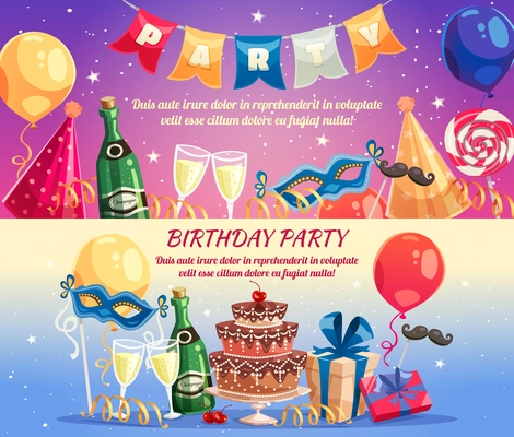 Birthday party colorful horizontal banners with festive accessories sweet treats champagne wine glasses and gifts flat vector illustration