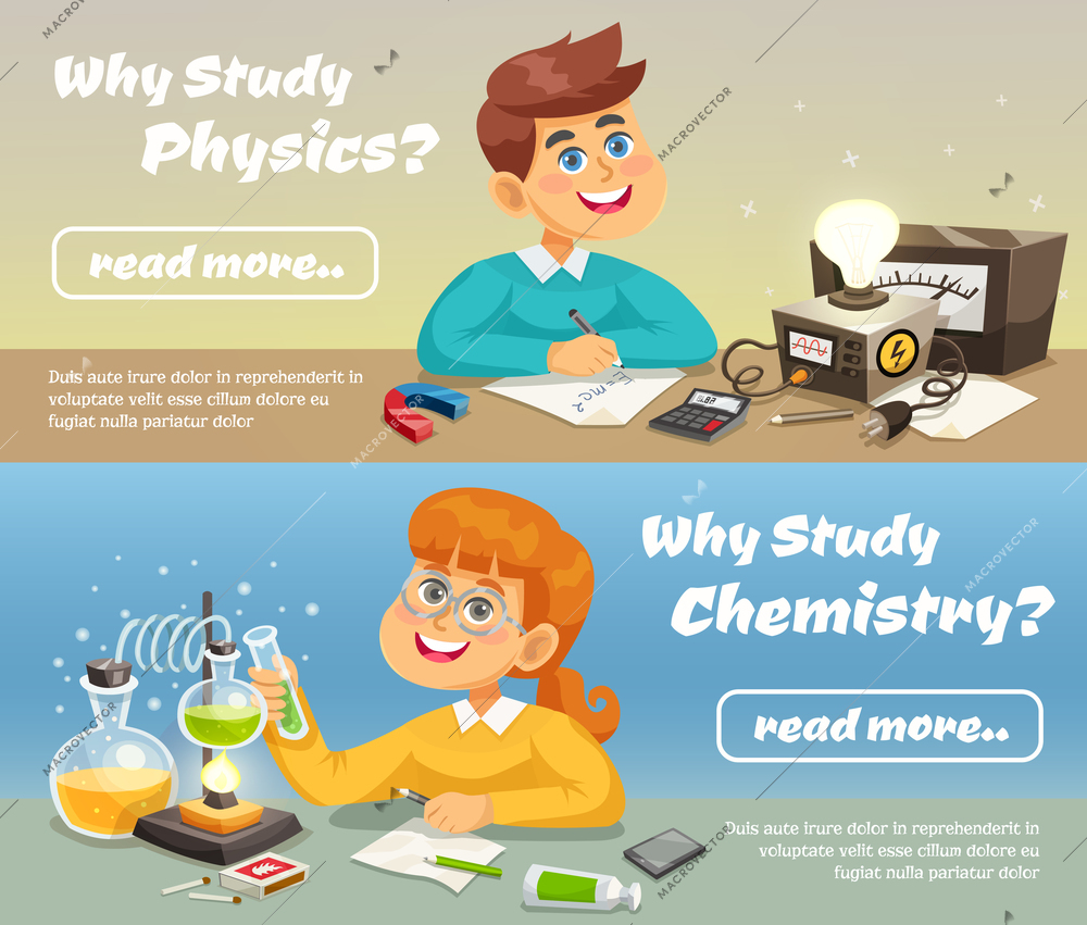 Science horizontal banners with smiling children studying school subjects in flat style vector illustration