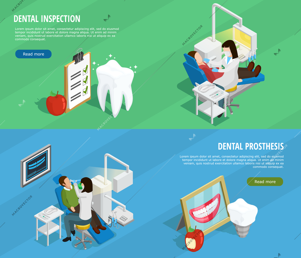 Stomatology isometric horizontal banners with orthodontic dentistry and tooth protection and checkup vector illustration