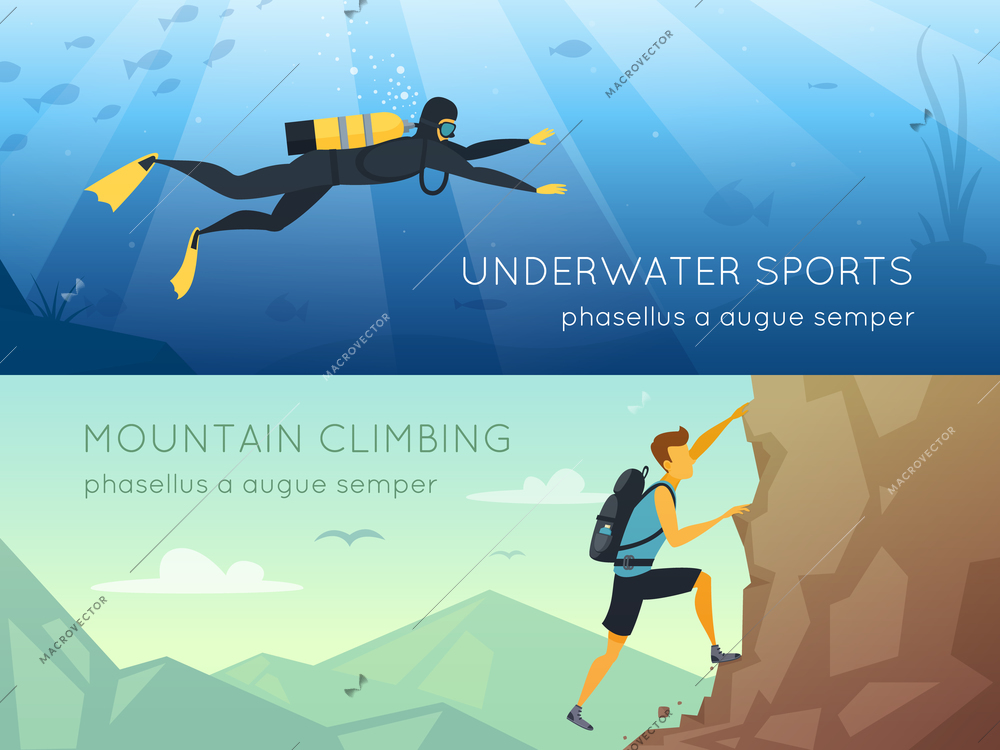 Extreme sports 2 flat horizontal banners banners with underwater diving and mountains rock climbing isolated vector illustration