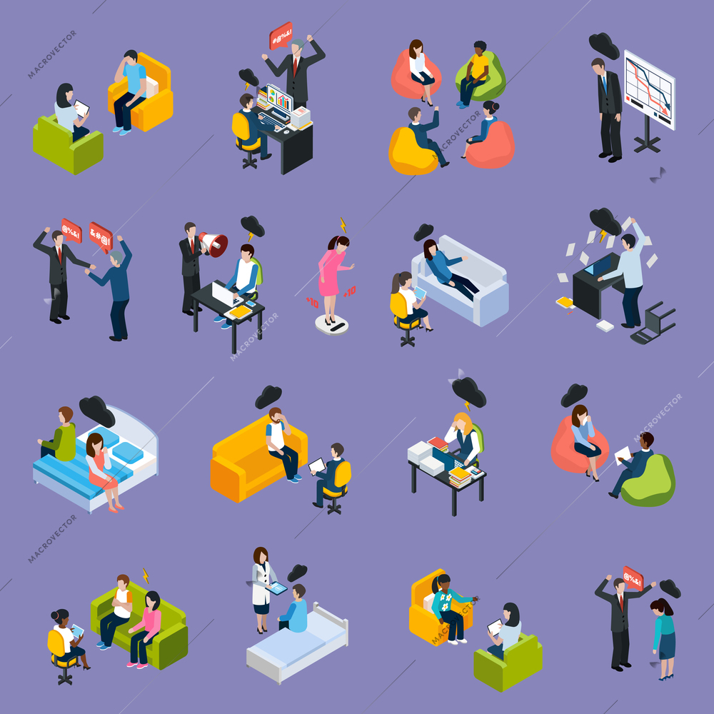 Depression and stress isometric icons with different negative situations people conflicts troubles and problems isolated vector illustration