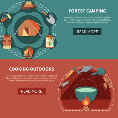 Hiking equipment and food products for  cooking outdoors and  elements vector illustration