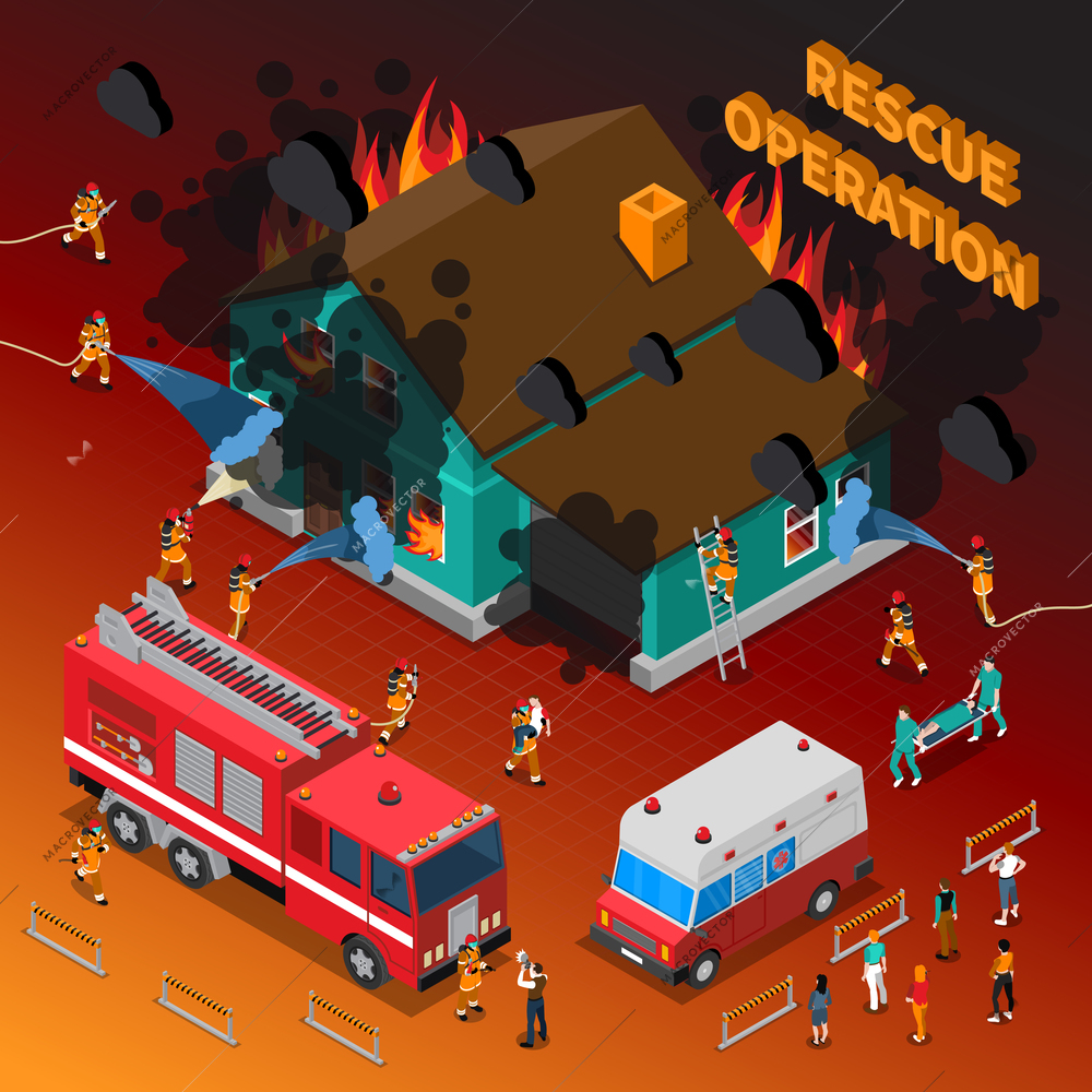 Fireman isometric template with firefighters extinguishing burning house hose truck people and ambulance vector illustration