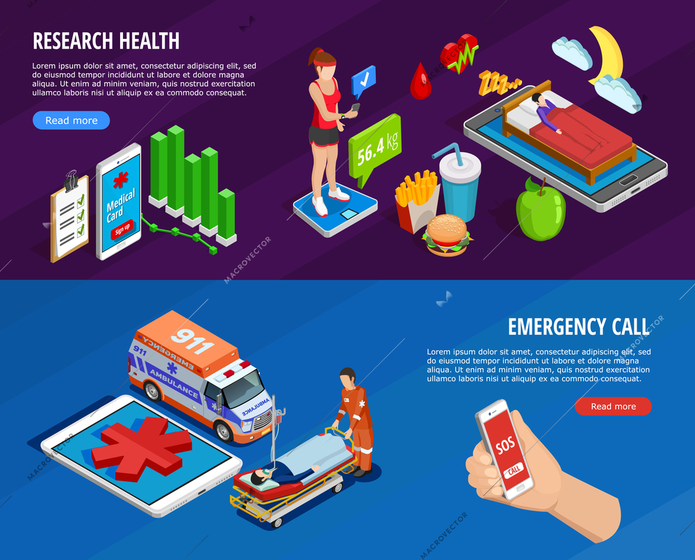 Digital medical isometric horizontal banners with the state of health monitoring by modern technologies vector illustration