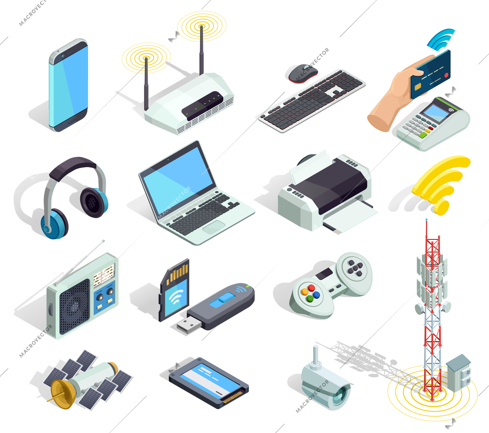 Wireless connection technology electronic gadgets and devices isometric icons collection with printer router and keyboard isolated vector illustration