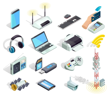 Wireless connection technology electronic gadgets and devices isometric icons collection with printer router and keyboard isolated vector illustration