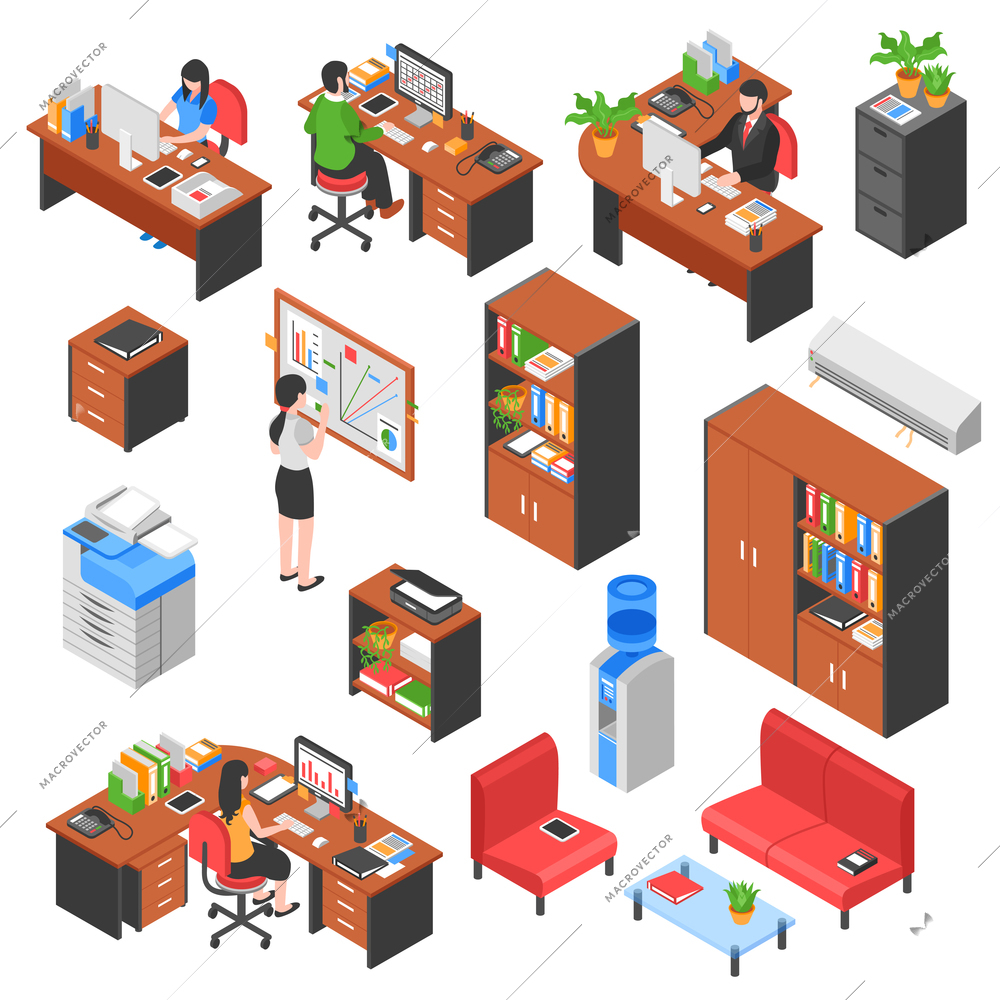 Set of isolated isometric office workplace elements with colorful furniture tables business machines and people characters vector illustration