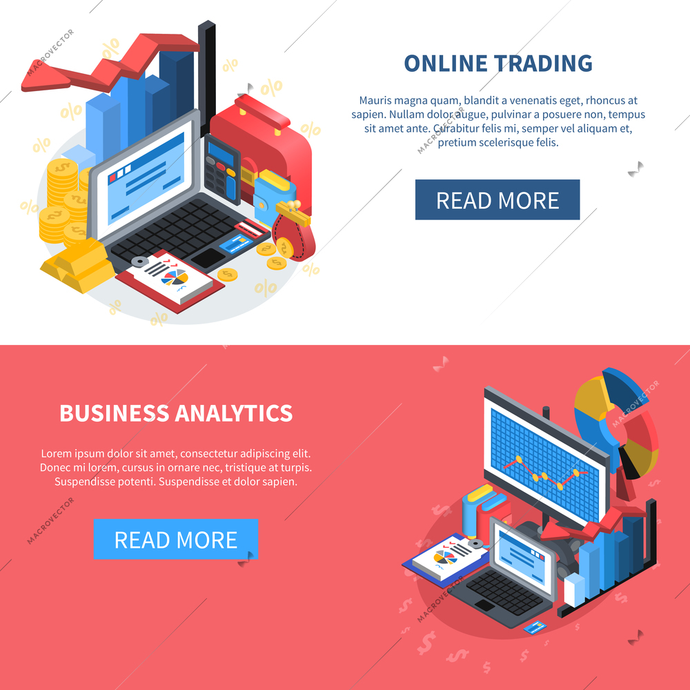 Online trading and business analytics isometric banners with read more button diagrams money office books computer symbols vector illustration