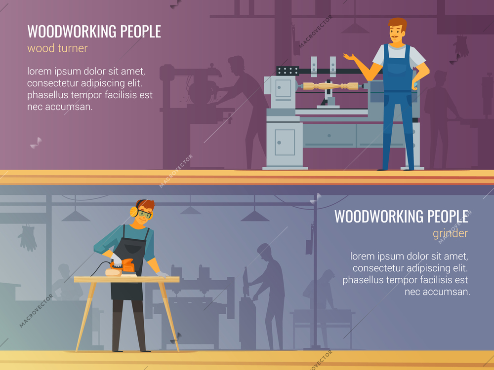 Woodworking carpentry professional service 2 flat banners with grinder and turner at work isolated vector illustration