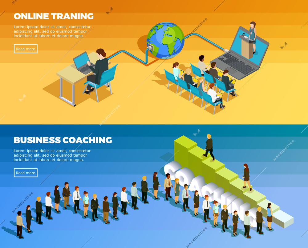 Business education isometric horizontal banners with staff development training and teaching vector illustration