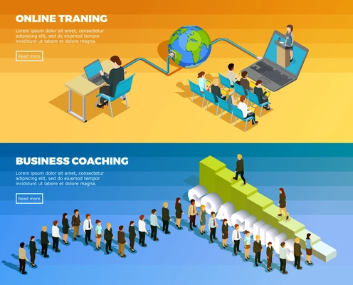 Business education isometric horizontal banners with staff development training and teaching vector illustration