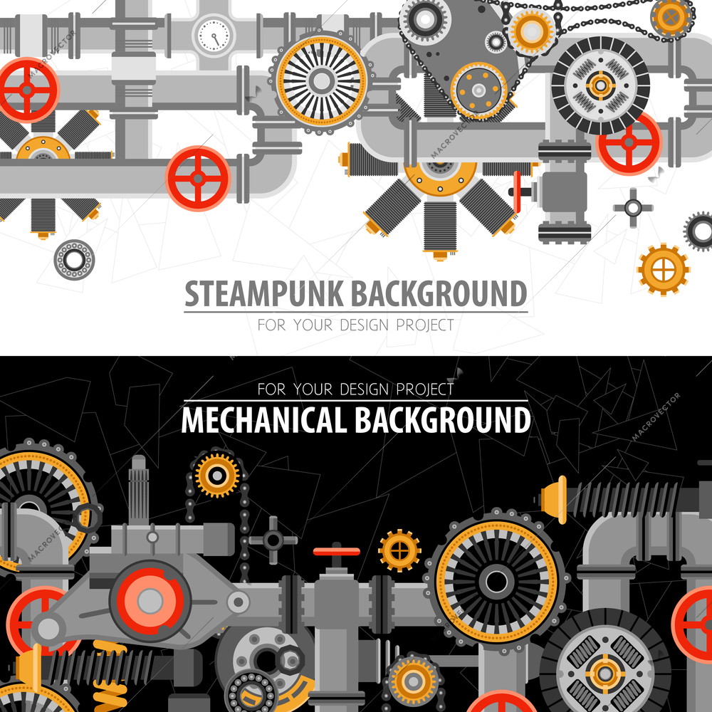 Abstract technological horizontal banners with industrial technical mechanical elements and objects vector illustration