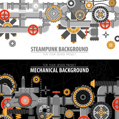 Abstract technological horizontal banners with industrial technical mechanical elements and objects vector illustration