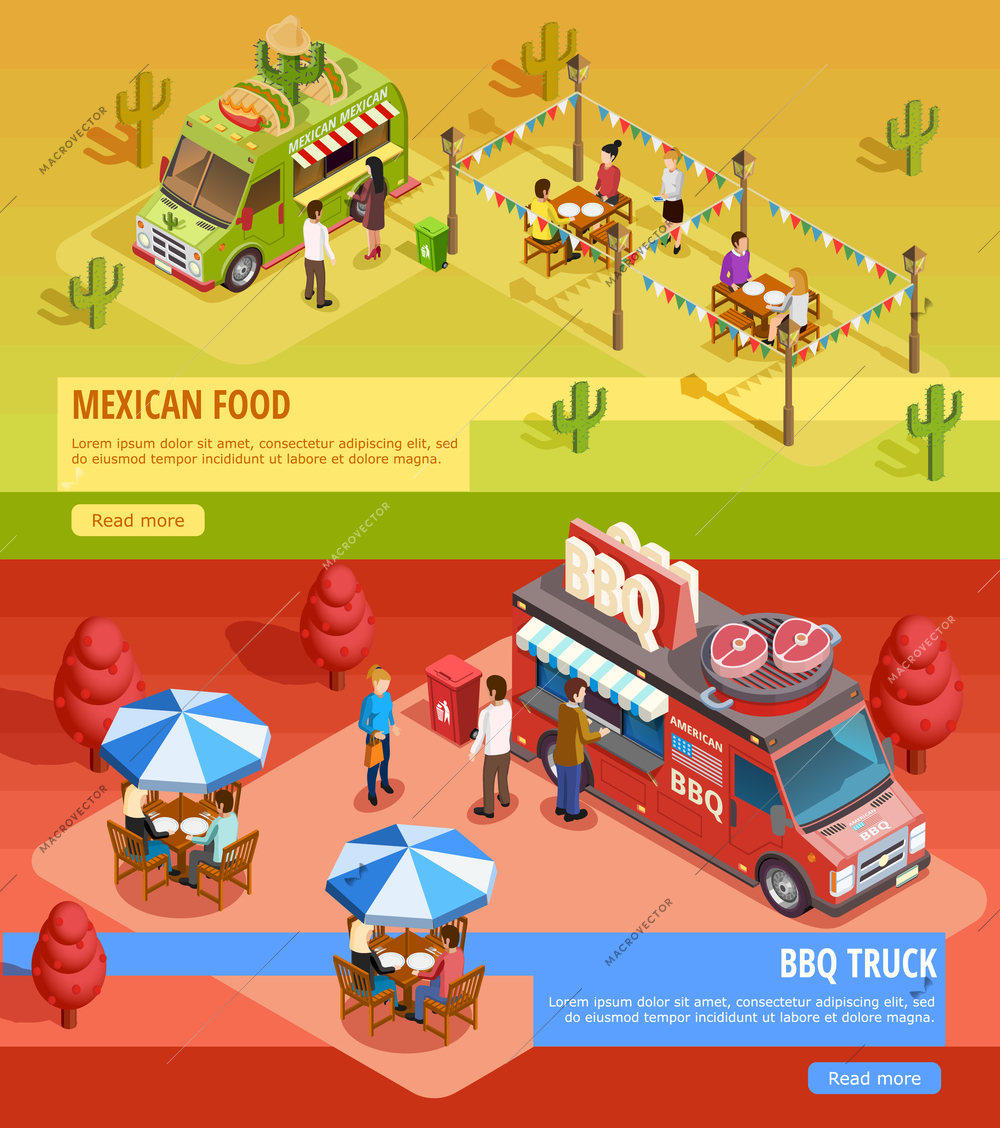 Mexican food truck and bbq bus for fairground holiday party 2 isometric horizontal banners webpage isolated vector illustration