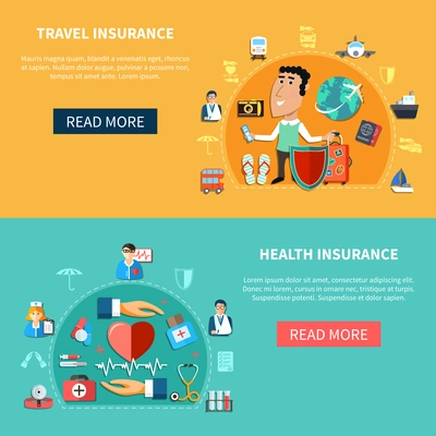 Medical and journey insurance horizontal banners with health and vacation protection in flat style vector illustration