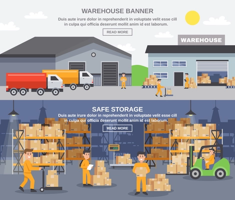 Warehouse horizontal banners with storage workers engaged in loading and unloading of goods flat vector illustration