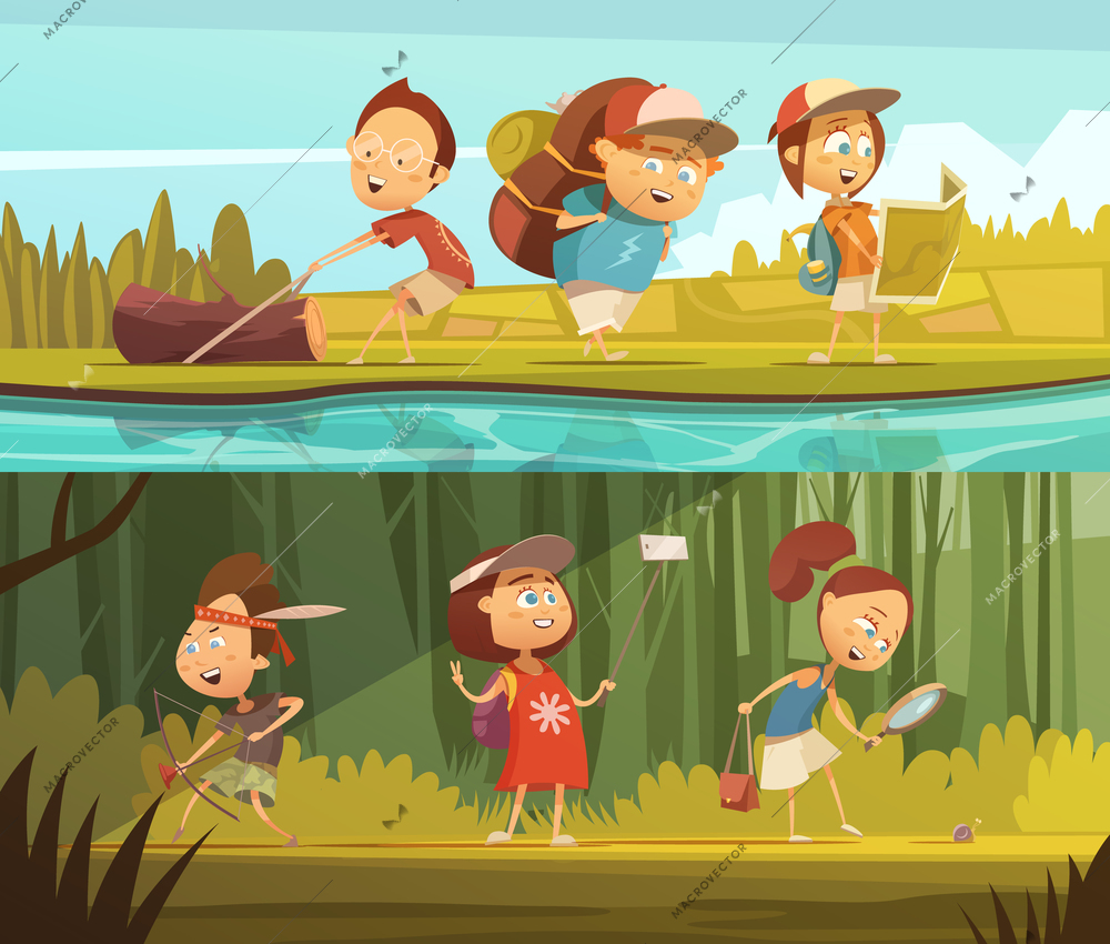 Kids camping horizontal cartoon banners set with map and selfie isolated vector illustration