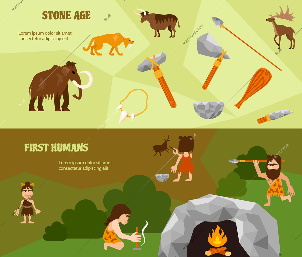 History flat horizontal banners with ancient weapon animals tribe caveman cave and bonfire vector illustration