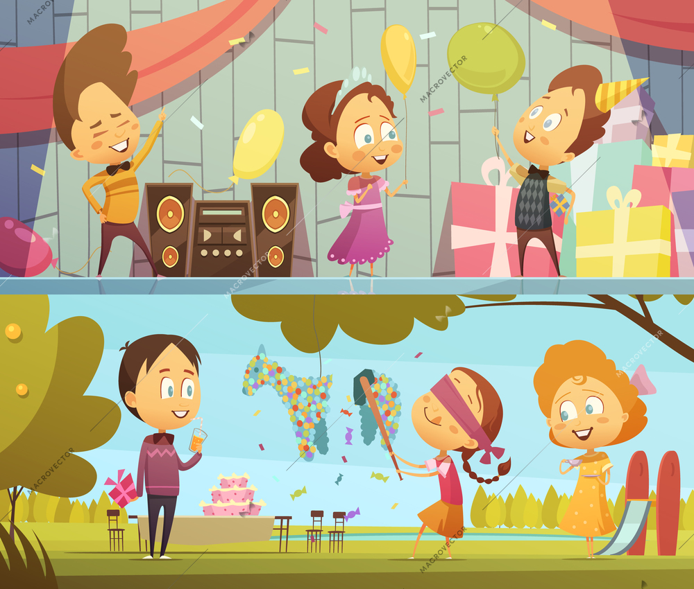 Happy kids having fun dancing and playing at birthday party horizontal banners cartoon isolated vector illustration