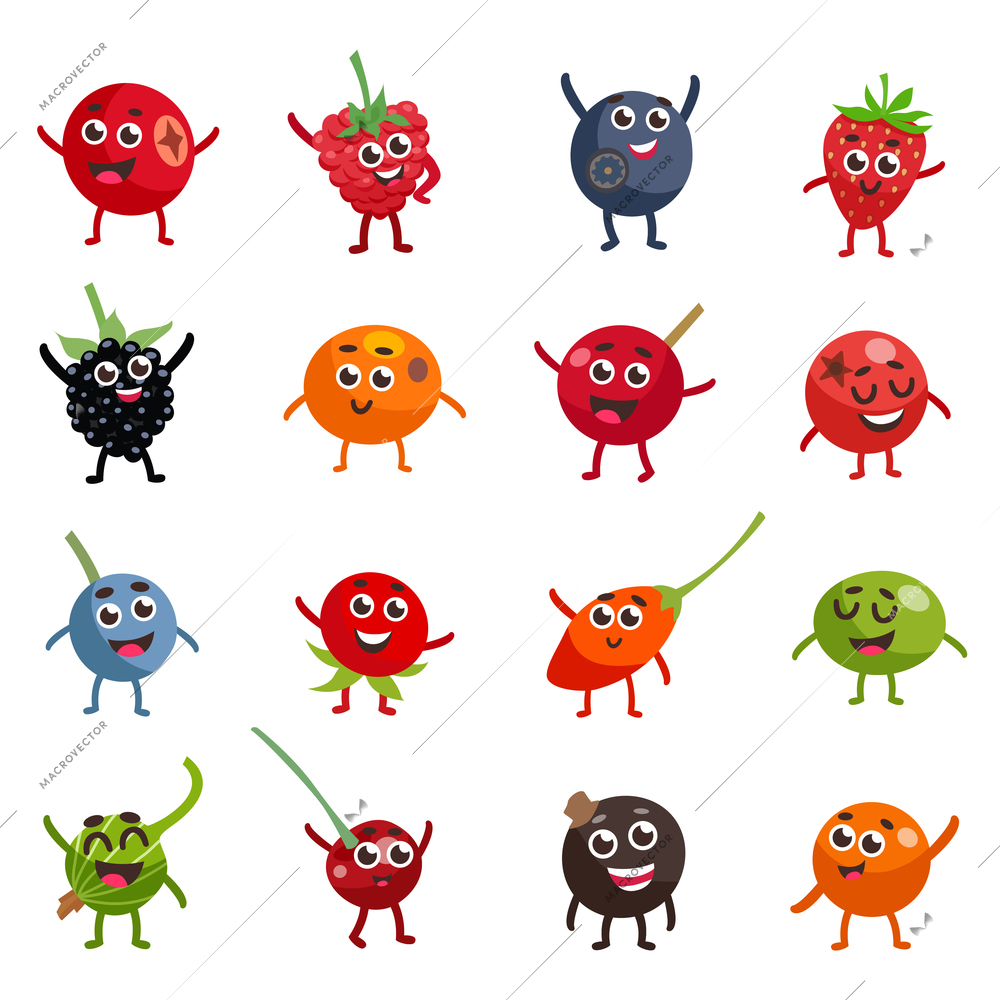 Set of colorful funny berries cartoon characters with happy and smiley faces flat isolated vector illustration