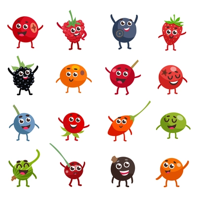 Set of colorful funny berries cartoon characters with happy and smiley faces flat isolated vector illustration