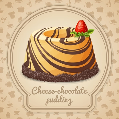 Chocolate cheese pudding with strawberry dessert emblem in frame and food cooking icons on background vector illustration