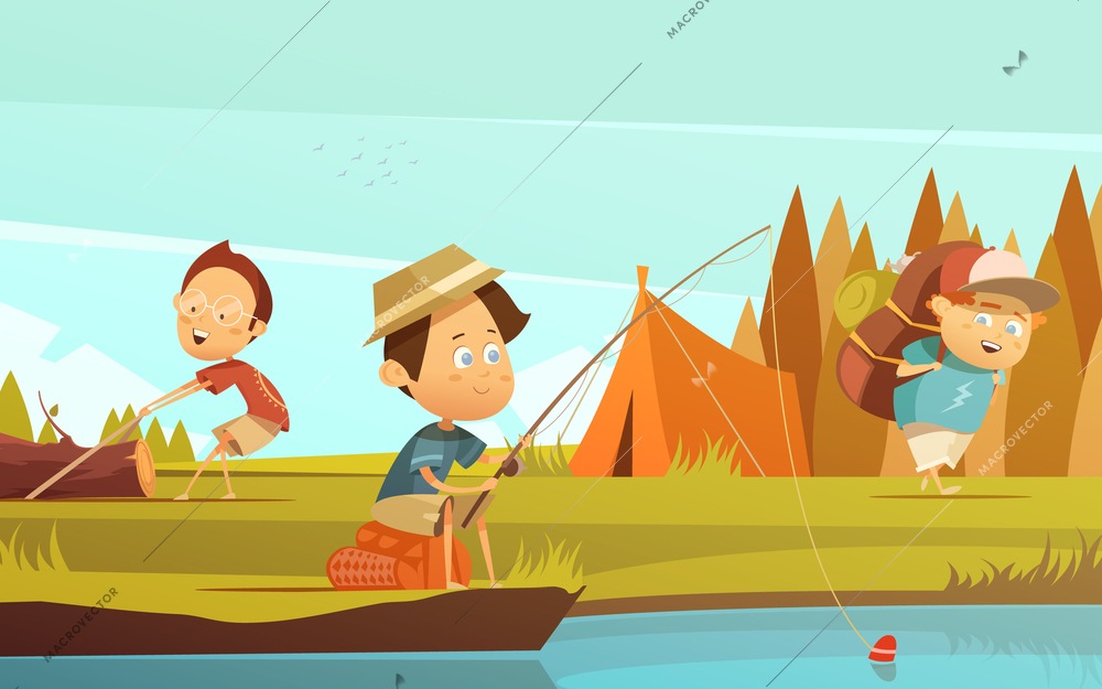 Camping children background with fishing tent and rucksack cartoon vector illustration