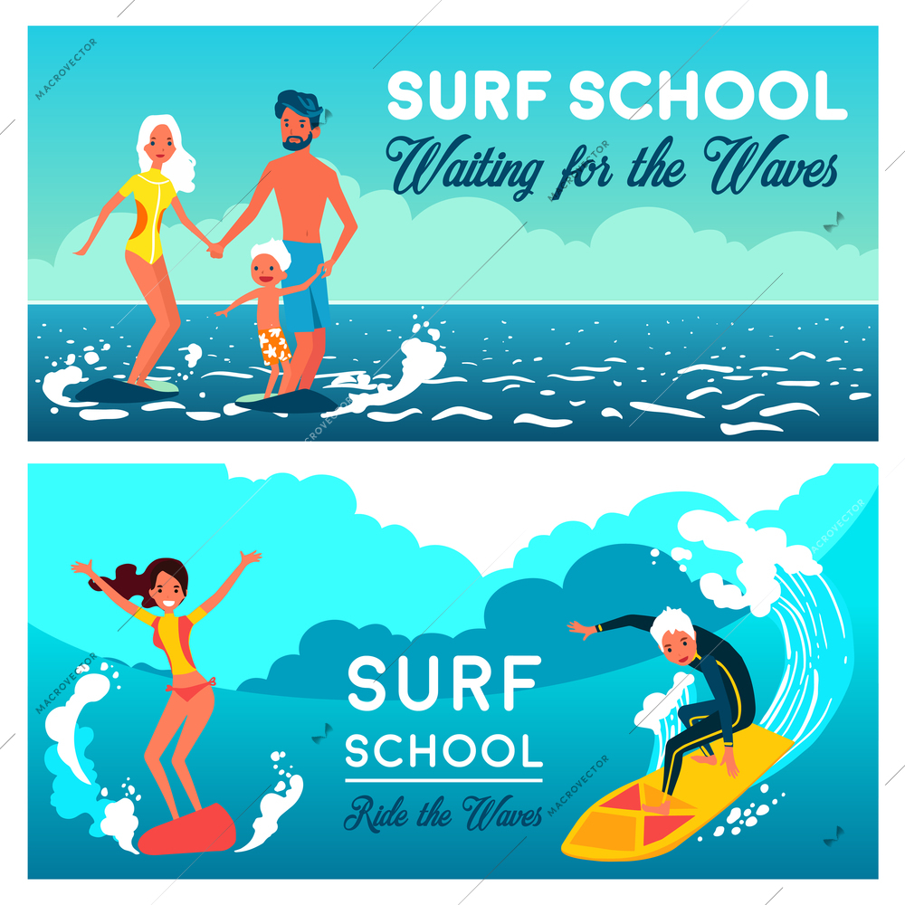 Surf school horizontal banners with young girl and boy on surfboard at wave background flat vector illustration