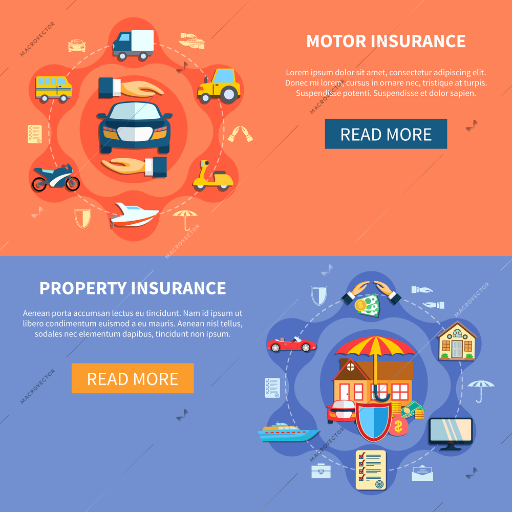 Vehicle and house insurance horizontal banners transport and property elements in flat style vector illustration