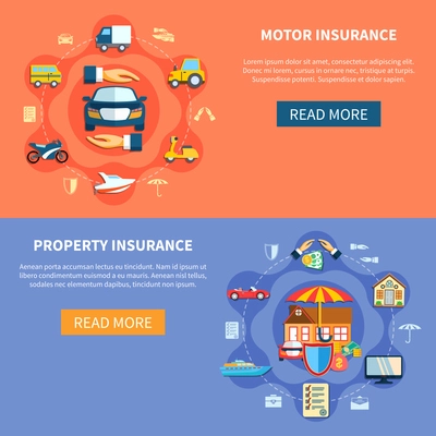 Vehicle and house insurance horizontal banners transport and property elements in flat style vector illustration