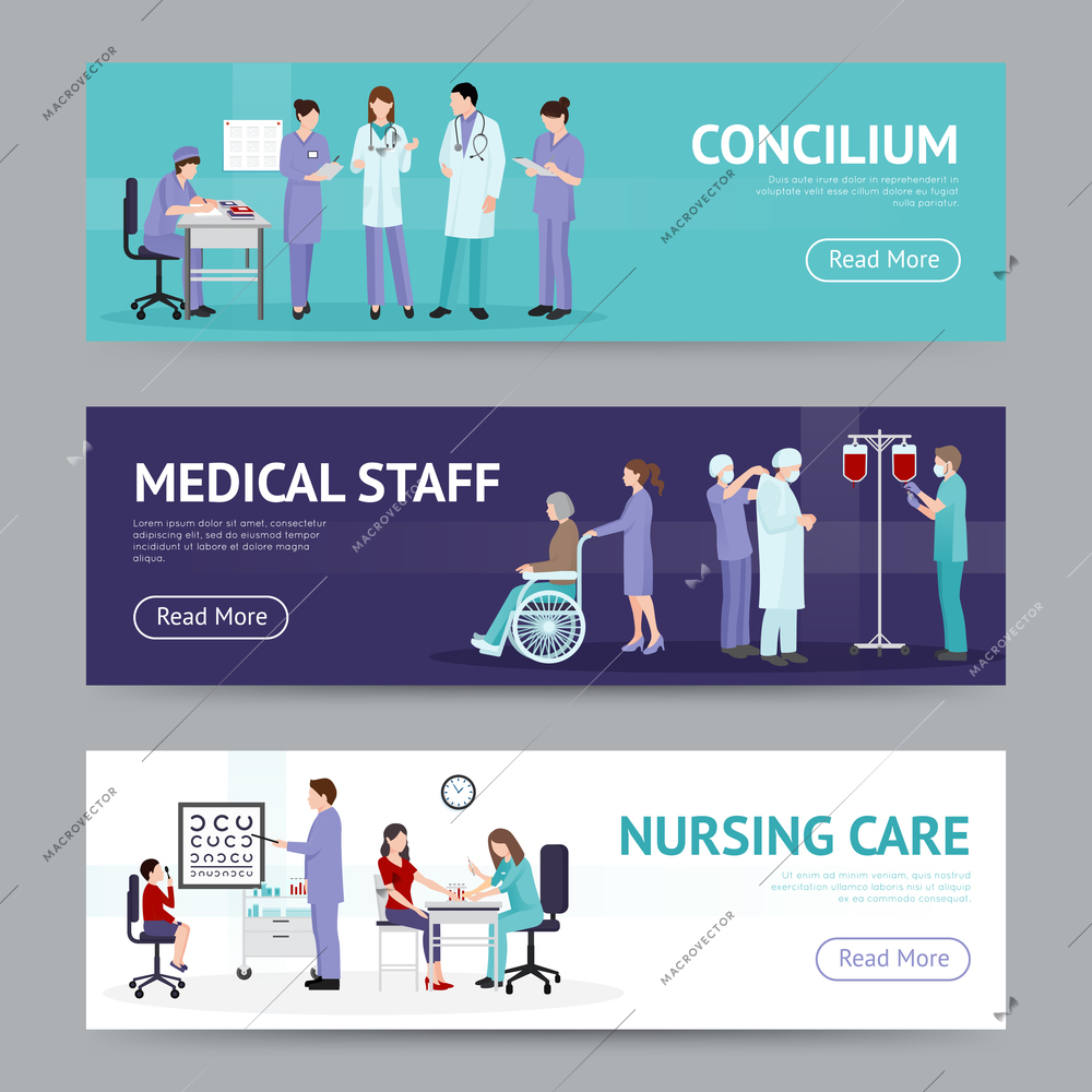 Medical care horizontal banners with doctor nurse counseling hospital workers in flat style vector illustration