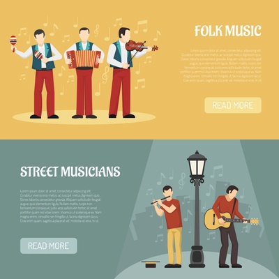 People playing musical instruments two horizontal banners with street musicians and folklore performers flat vector illustration