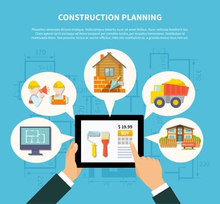 Flat construction planning diagram concept with hand holding tablet and building scheme contractor house truck vector illustration