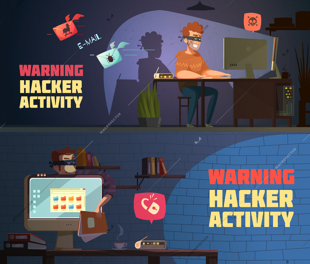 Warning hacker activity 2 retro cartoon horizontal banners with criminal breaking computer security passwords isolated vector illustration