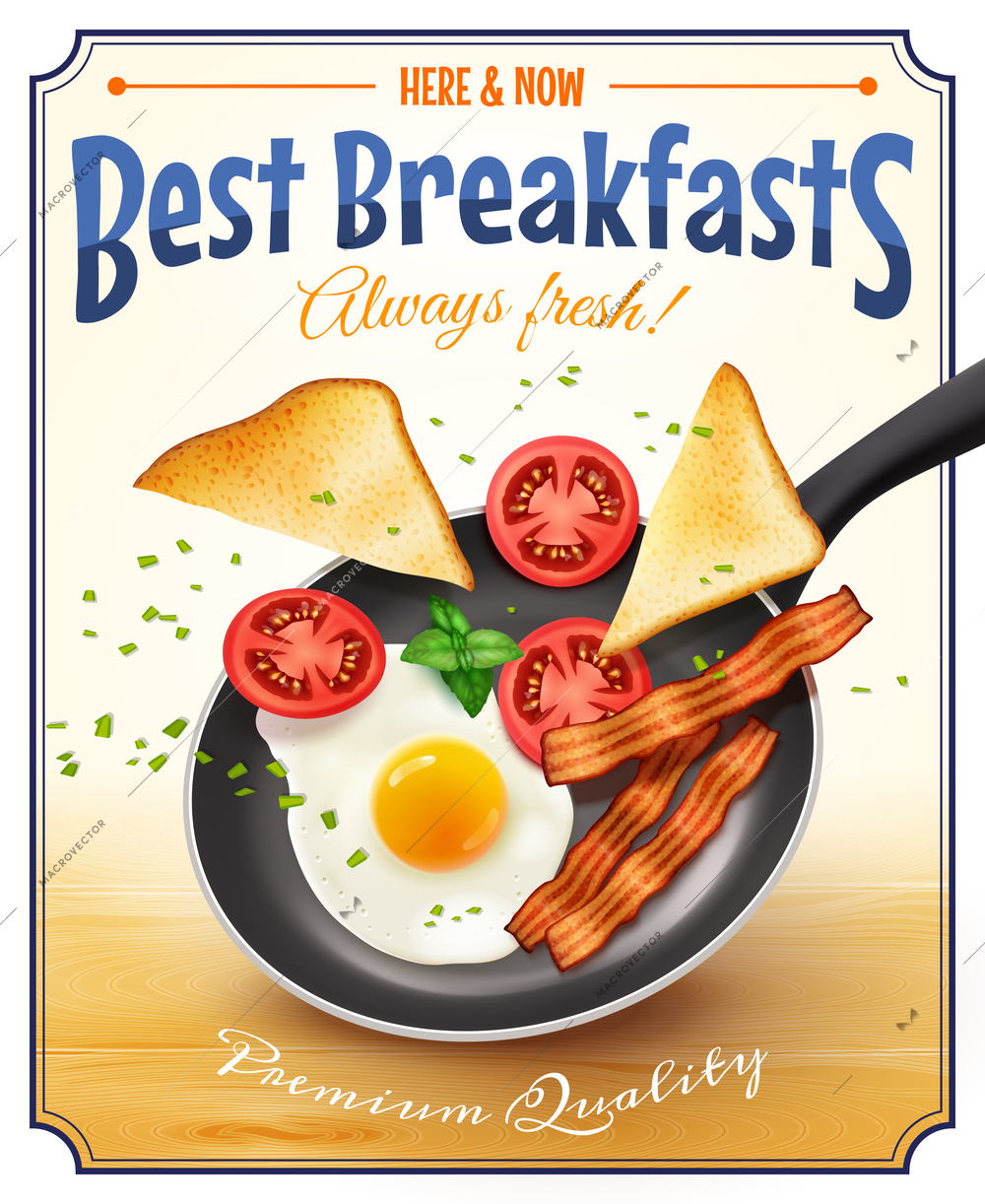 Cafe restaurant best breakfast advertisement poster with traditional american fried egg bacon bread tomatoes retro vector illustration