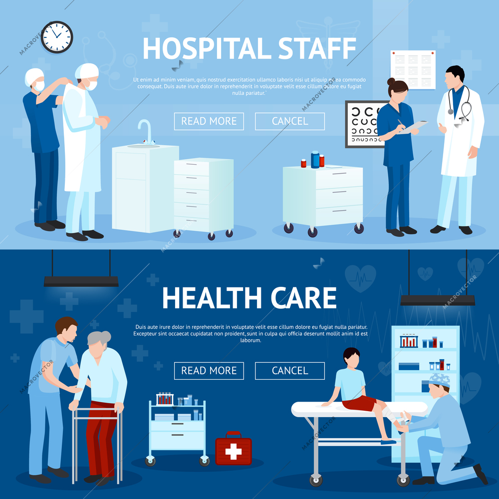 Medical Treatment Horizontal Banners with doctor surgeon nurse assistant in hospital vector illustration